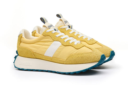 Women's Acorn Trainer sneaker in Beachball nylon and suede, three-quarter view