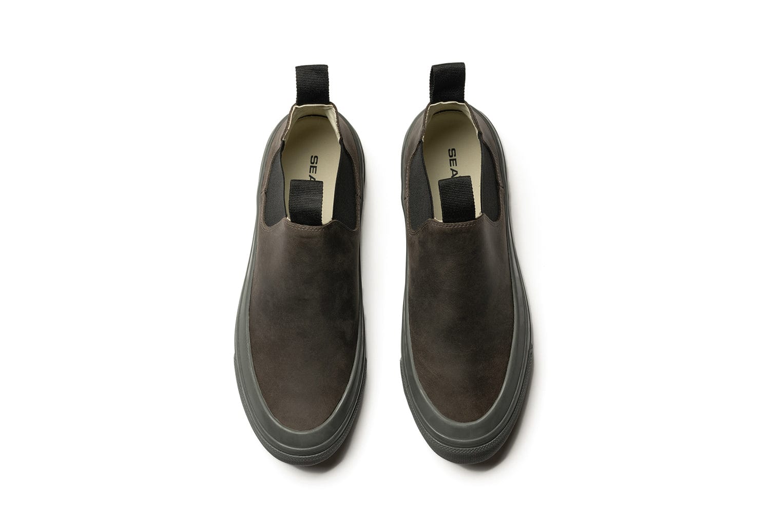 Top-down view of Ballard Boots in Charcoal, showcasing the round toe and elastic sides.