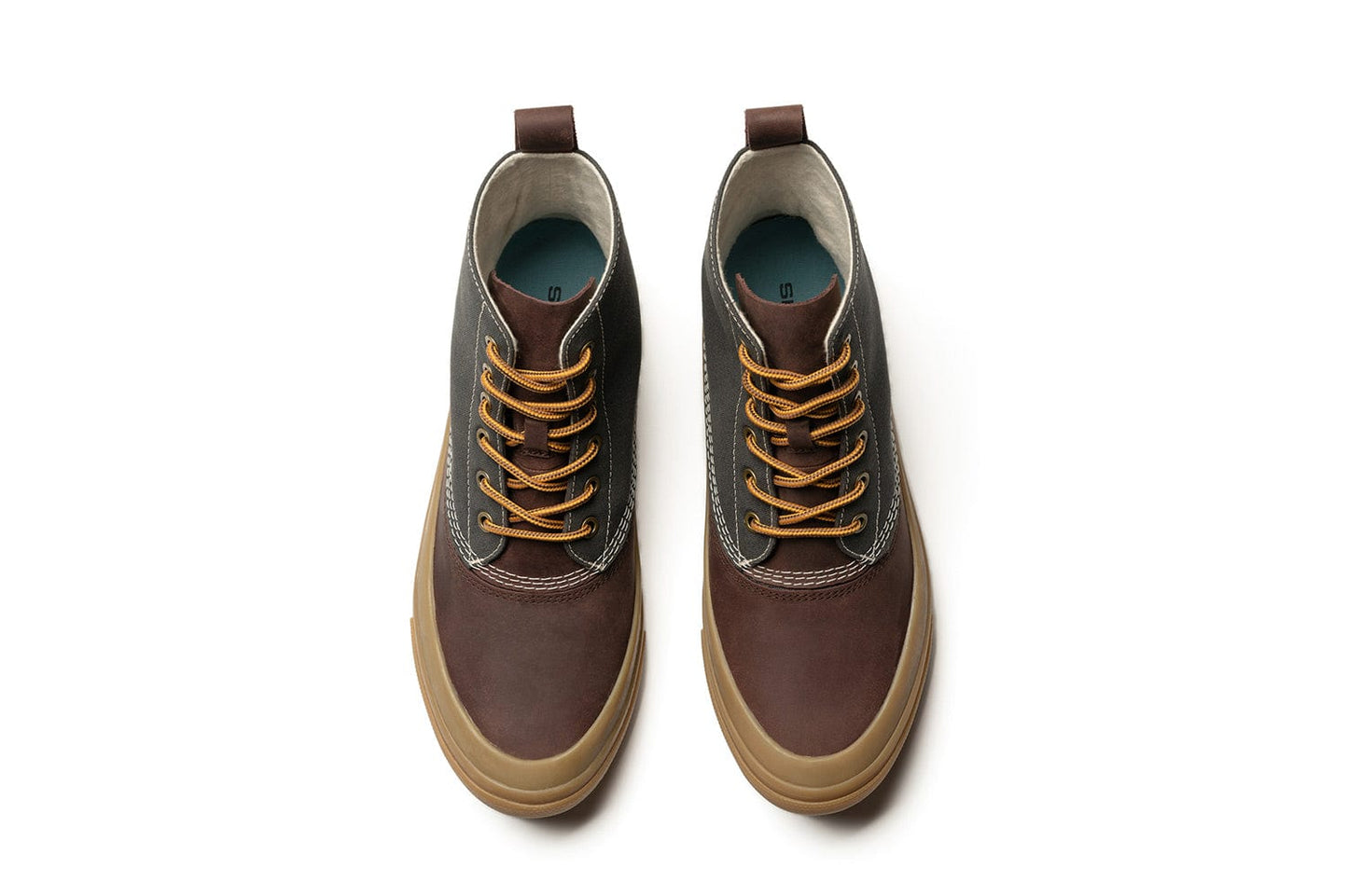 Top-down view of a pair of Hickory/Charcoal Cascade Range Boots with rope laces and a stitched upper.
