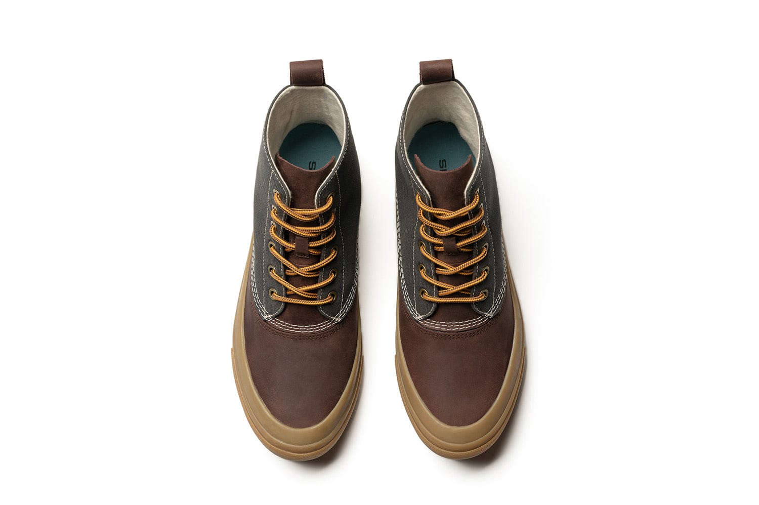 Top-down view of a pair of Hickory/Charcoal Cascade Range Boots with rope laces and a stitched upper.