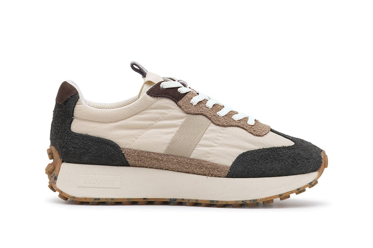 Women's Acorn Trainer sneaker in Black and Tan nylon and suede, side view