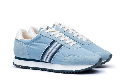 Women's Royal Runner sneaker in Sky Blue nylon and suede, three-quarter view