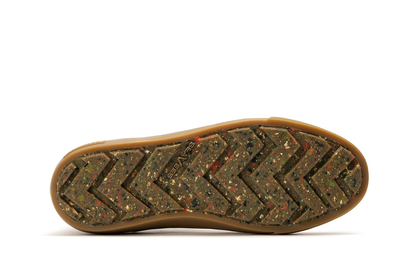 Bottom of SeaVees Boot in Cashew with textured outsole and recycled speckled pattern.