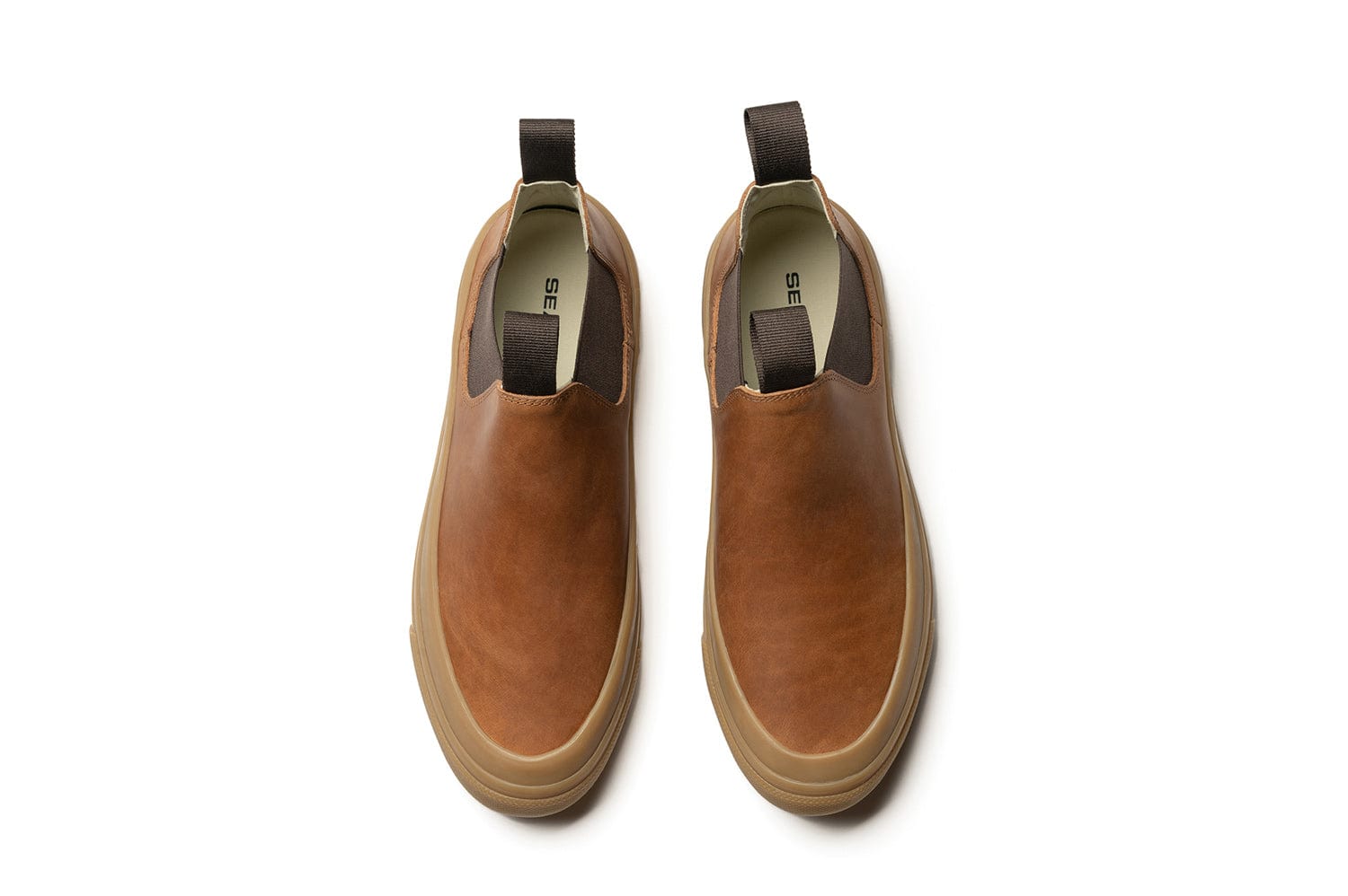 Top view of the cashew-colored SeaVees Boot showing rounded toe and elastic sides.