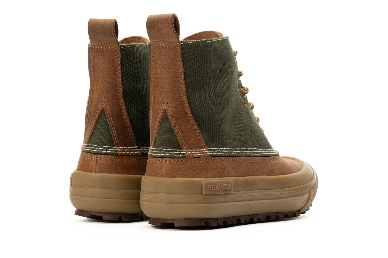 Rear view of Cascade Range boots in Cashew/Olive, showing off the unique back stitching and layered rubber sole.