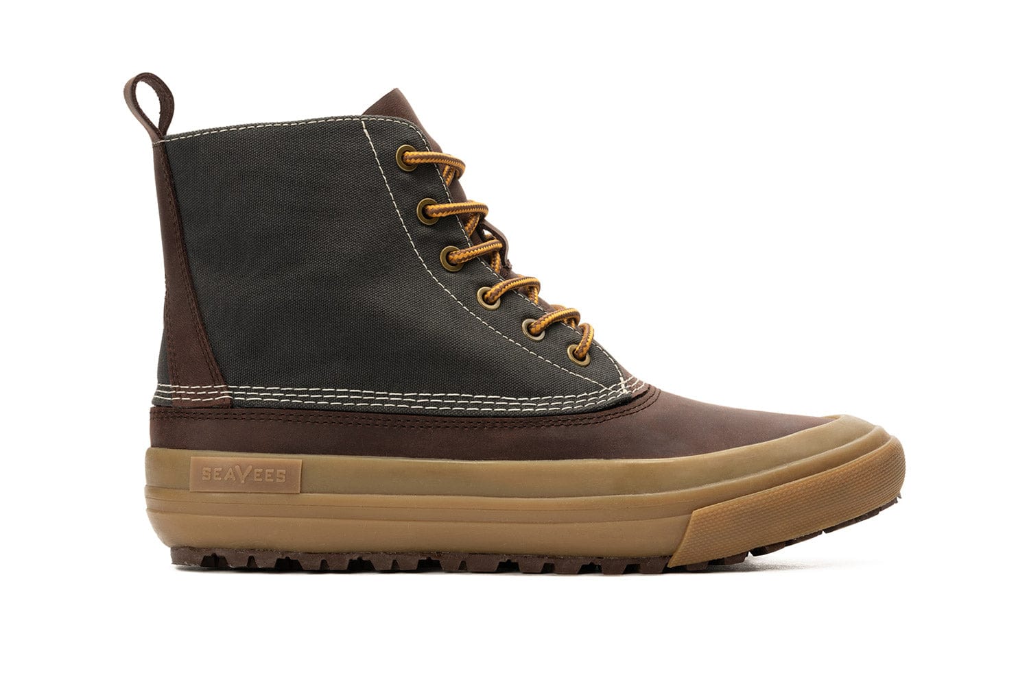 Side view of Hickory/Charcoal Cascade Range Boot with a loop pull on the heel and contrasting brown and gray design.