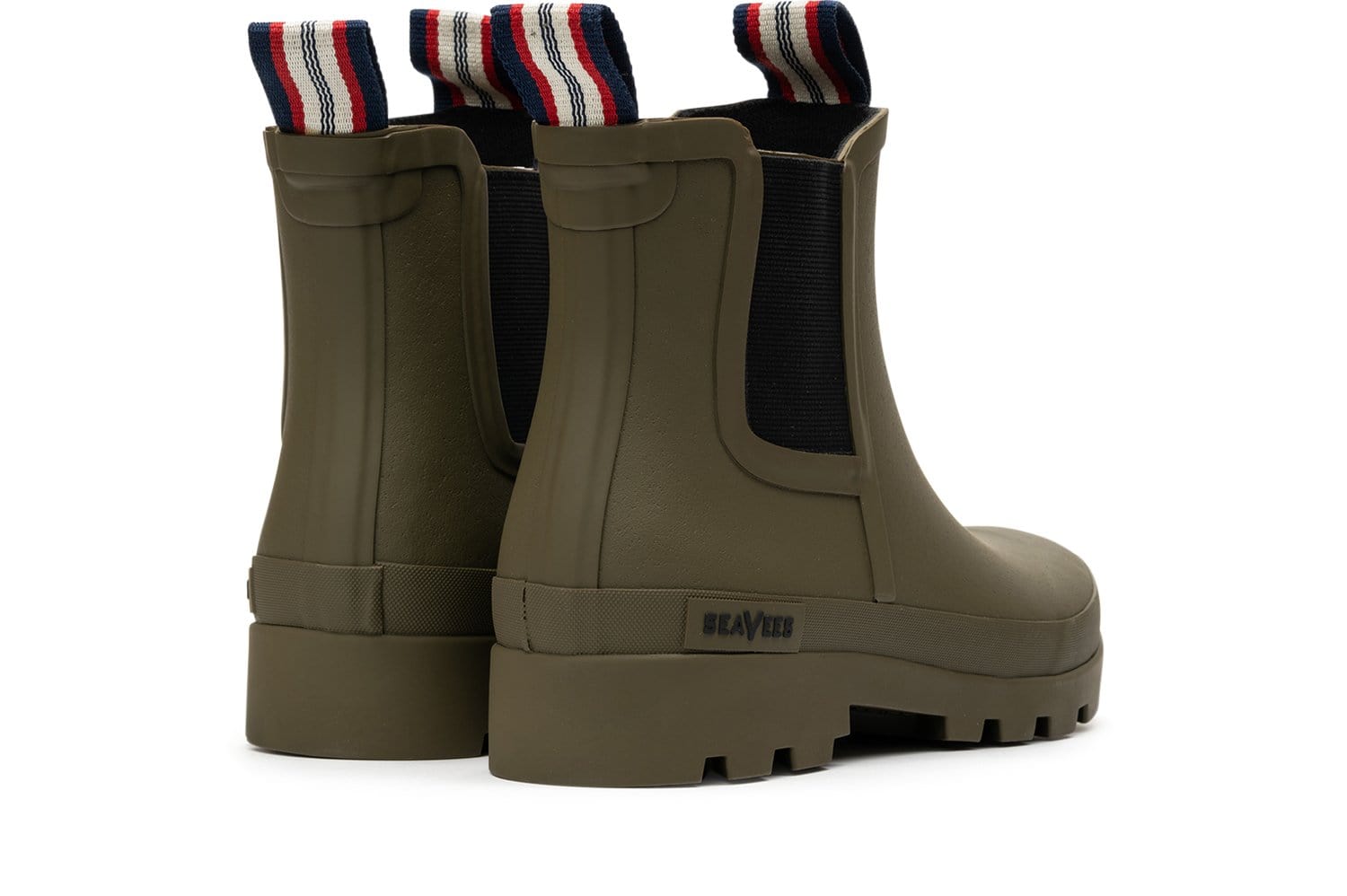 Back view of Bolinas Off Shore Boot in Military Olive, with pull tabs and branding.
