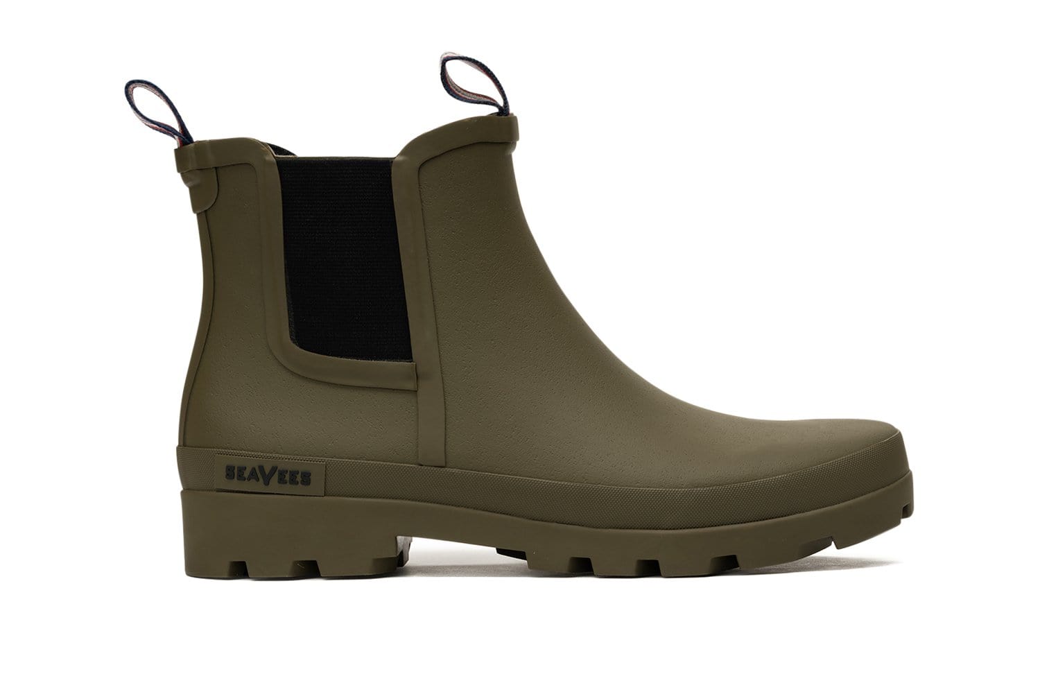 Side view of Bolinas Off Shore Boot in Military Olive, with side elastic panels.