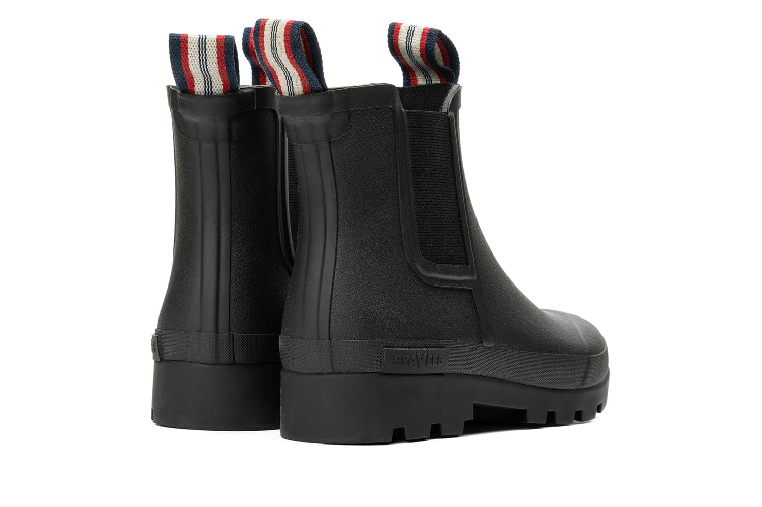 Back view of the Bolinas Off Shore Boot in Black highlighting the heel loop and black sole.