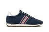 Side view of Royal Runner sneaker in Blue featuring SeaVees logo and recycled bottom.